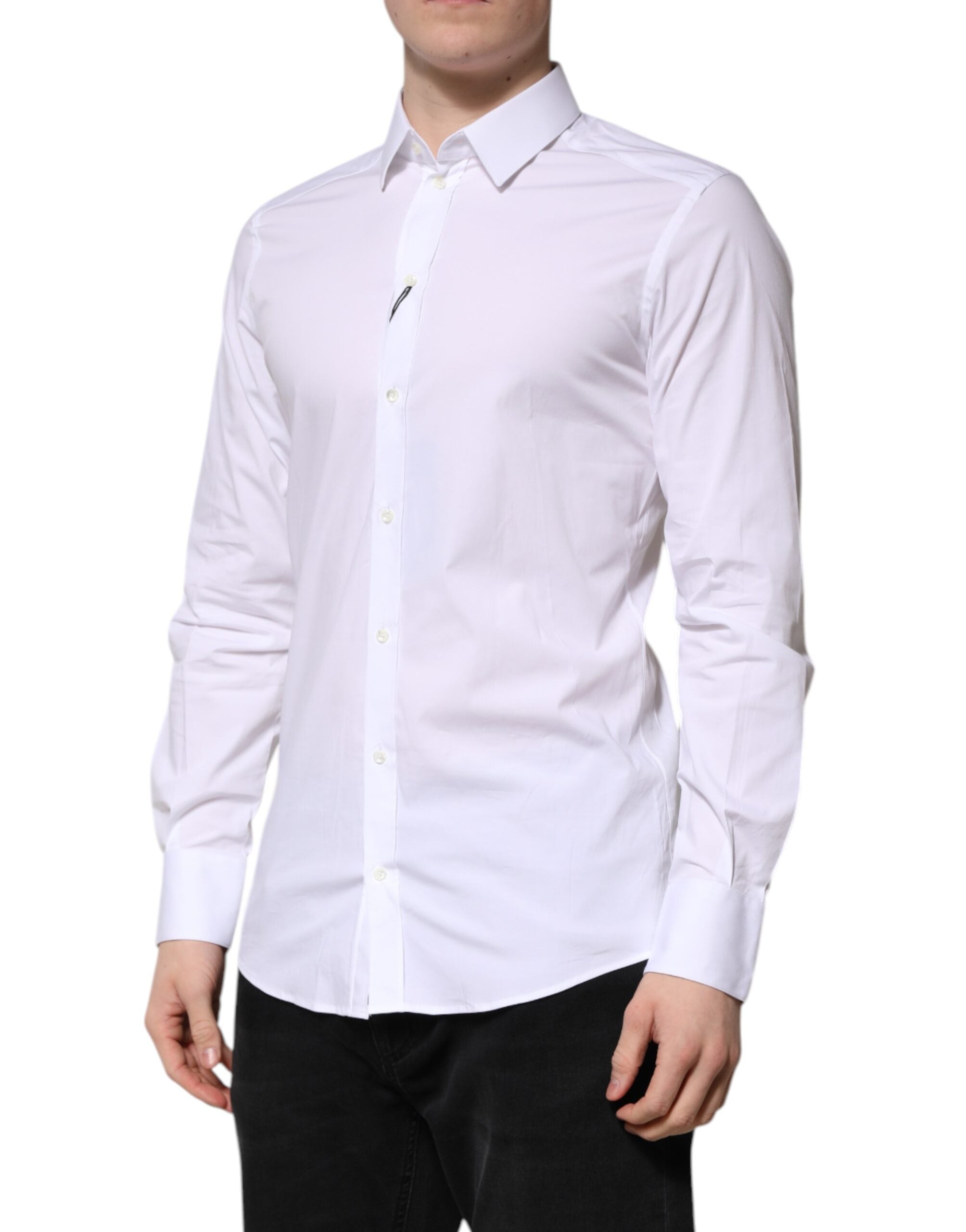 Chemise formelle Dolce & Gabbana en coton blanc à manches longues avec détails dorés, style élégant et sophistiqué.