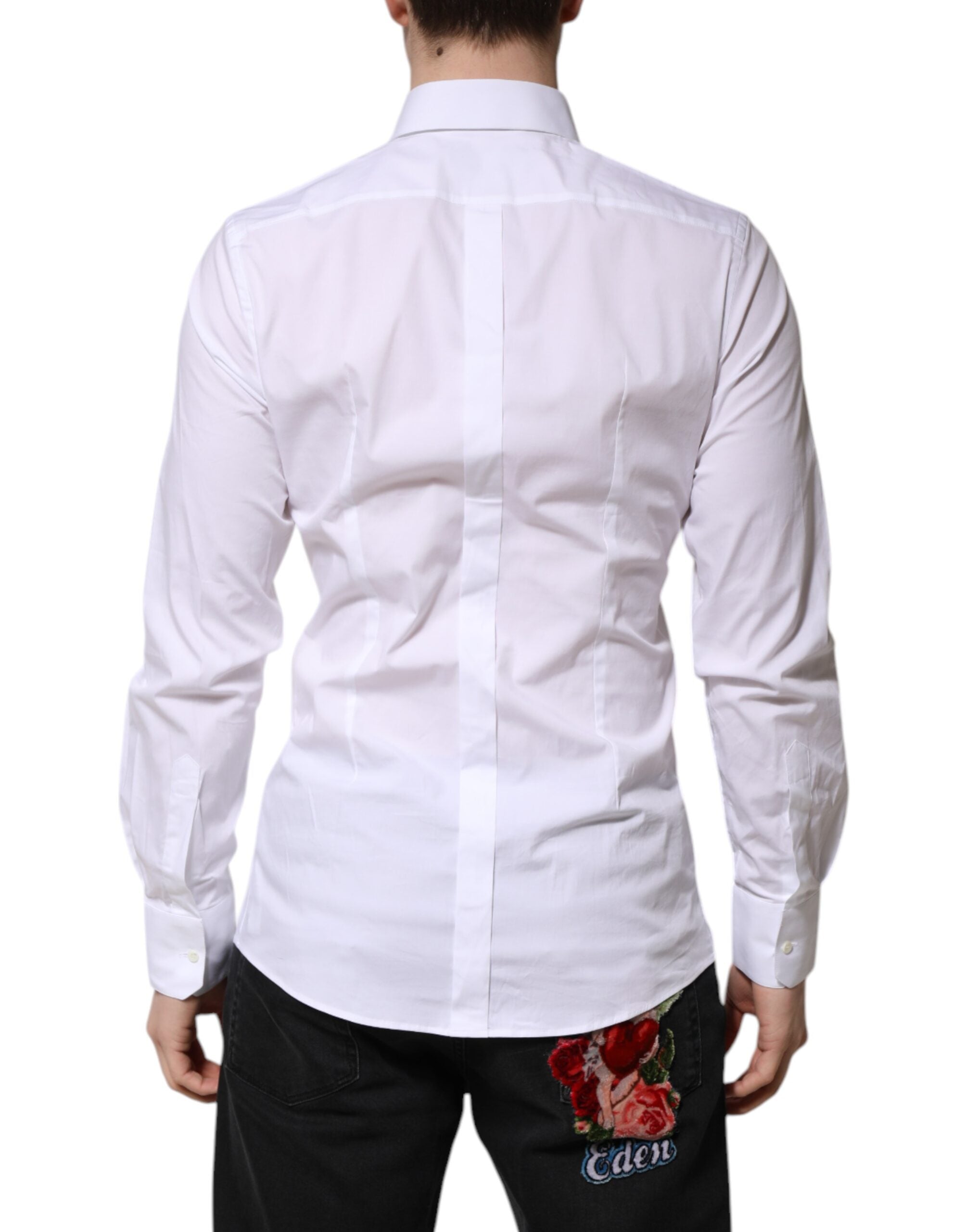 Chemise formelle en coton blanc Dolce & Gabbana à manches longues avec détails dorés, élégante et sophistiquée.