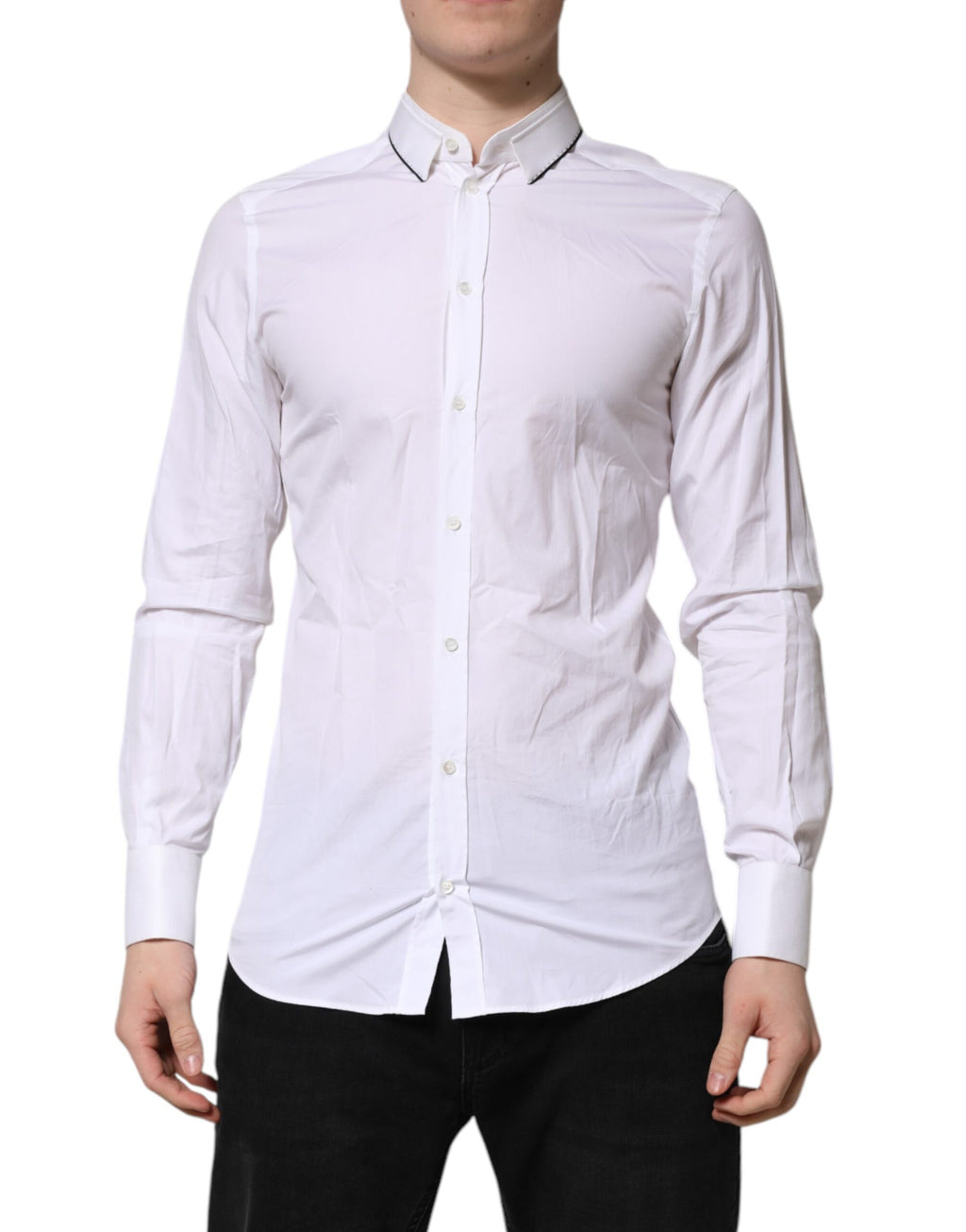 Chemise formelle en coton blanc Dolce & Gabbana à manches longues avec détails dorés élégants.