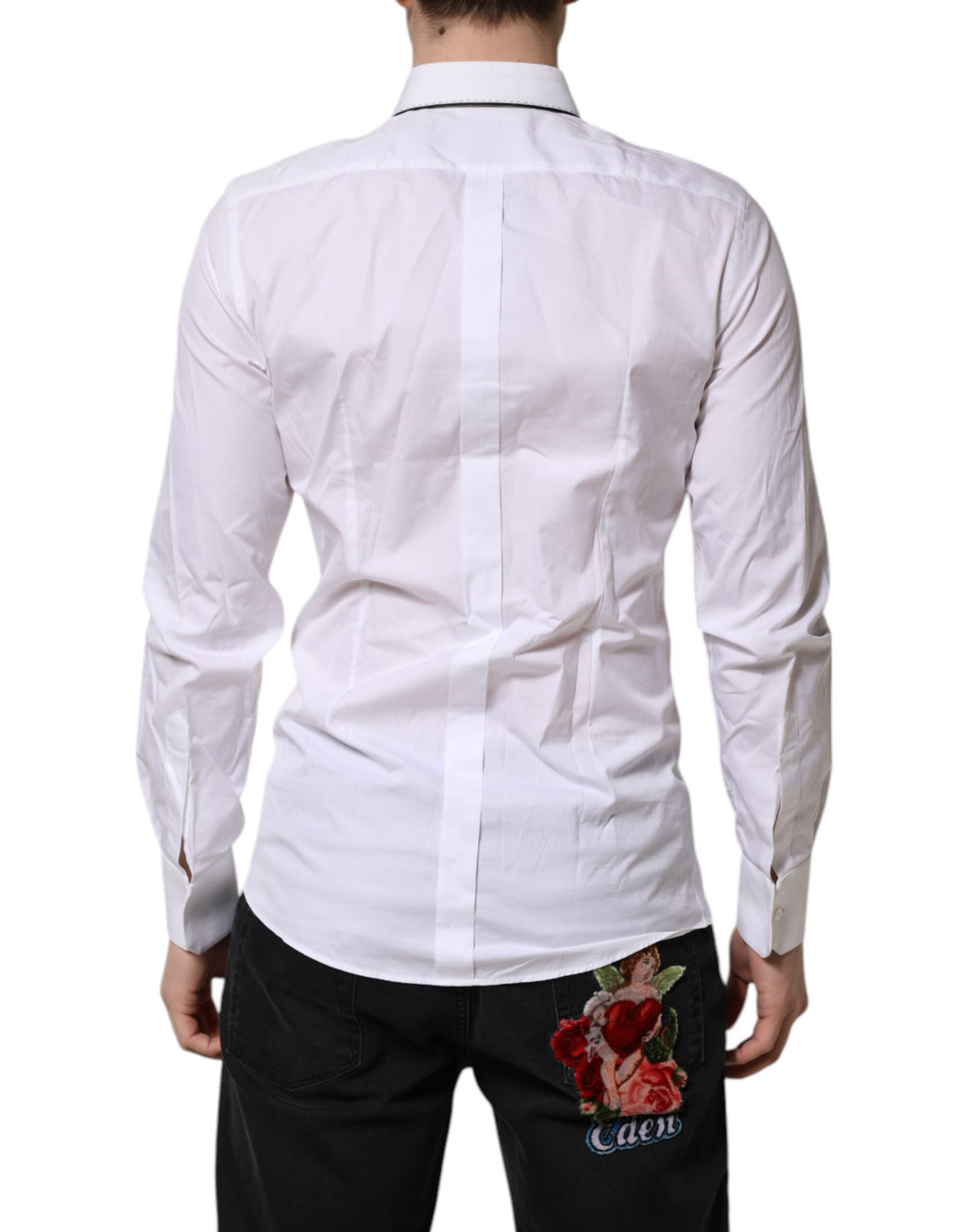 Chemise blanche en coton Dolce & Gabbana à manches longues, style formel avec détails dorés élégants.