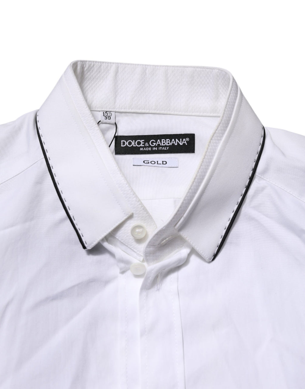 Chemise blanche en coton Dolce & Gabbana à manches longues, élégante et formelle, avec détails en or.