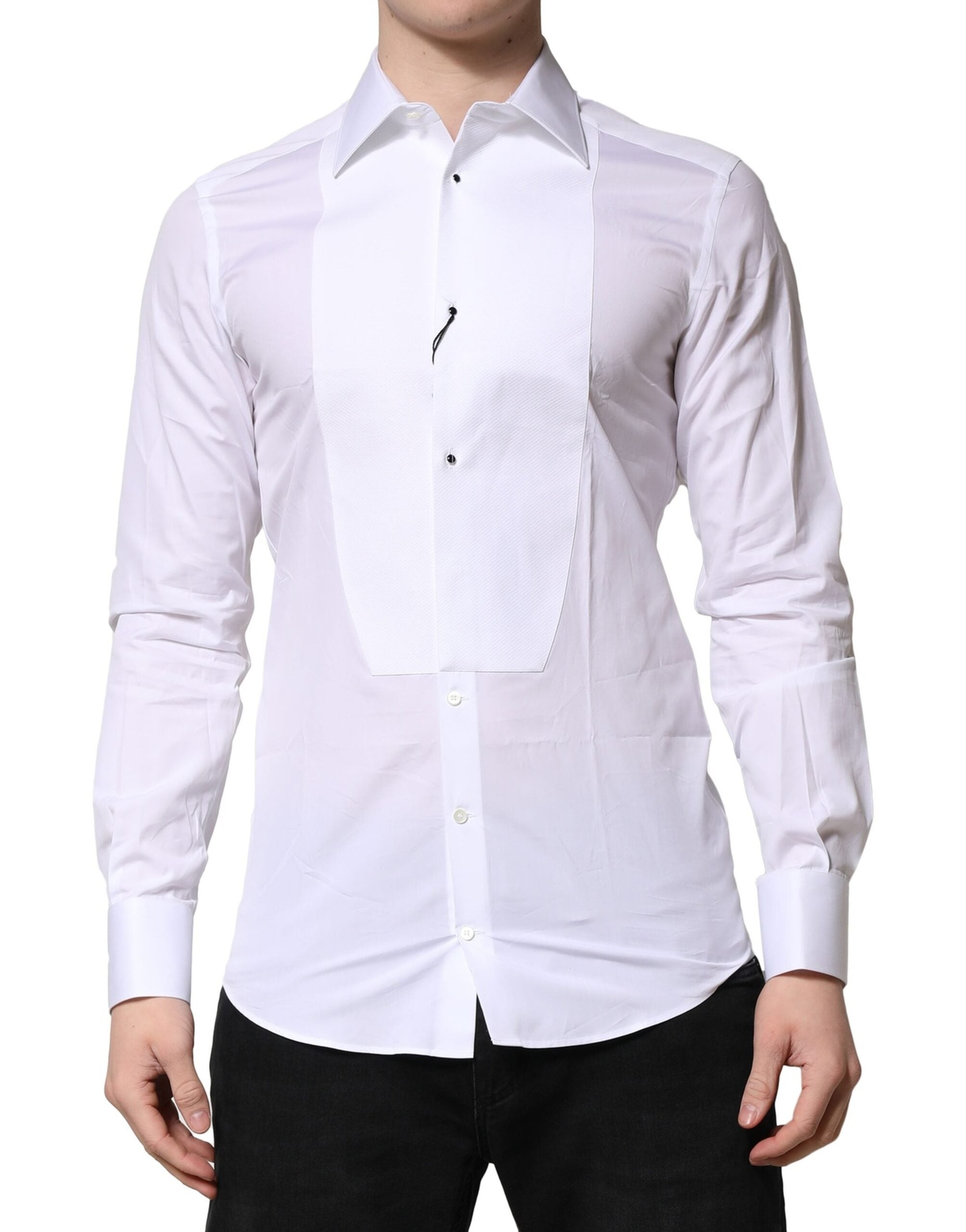 Chemise formelle Dolce & Gabbana blanche avec or, en coton, avec motif couronne dorée visible sur le devant.