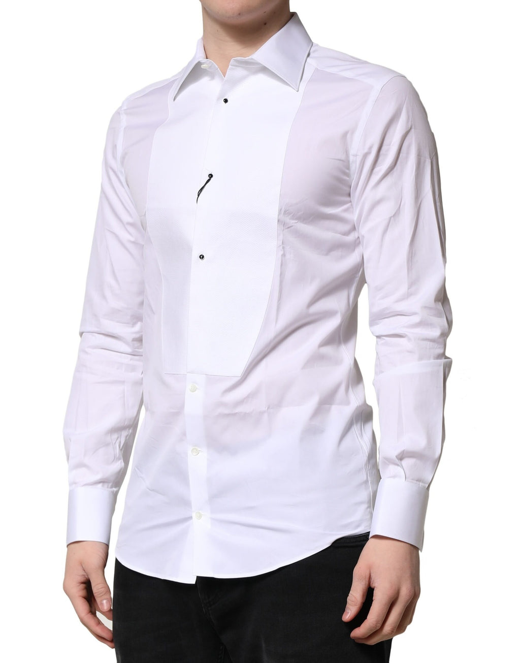 Chemise formelle blanche Dolce & Gabbana en coton avec motif de couronne en or, élégante et sophistiquée.