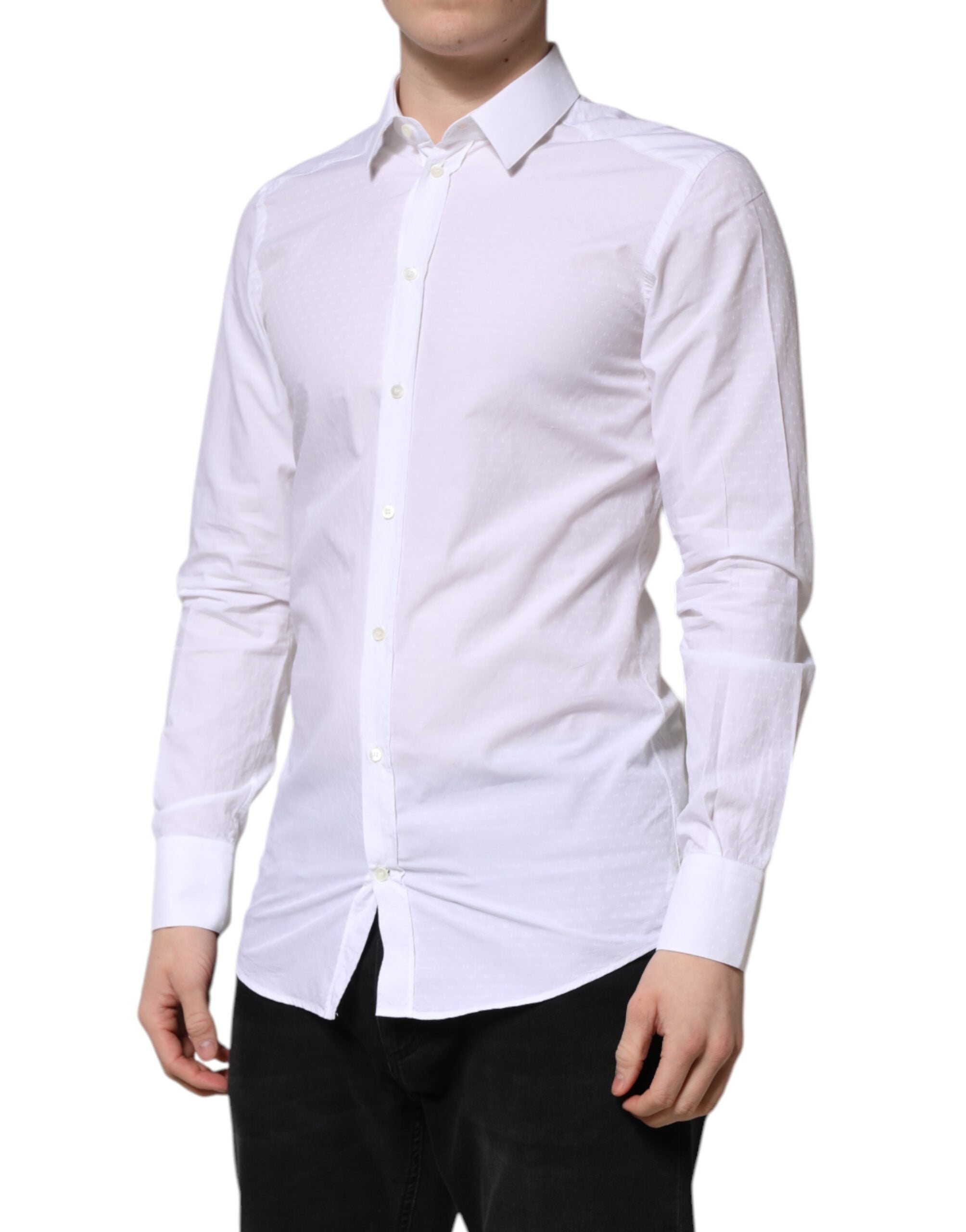 Chemise homme Dolce & Gabbana blanche à manches longues et détails dorés pour une tenue formelle élégante.