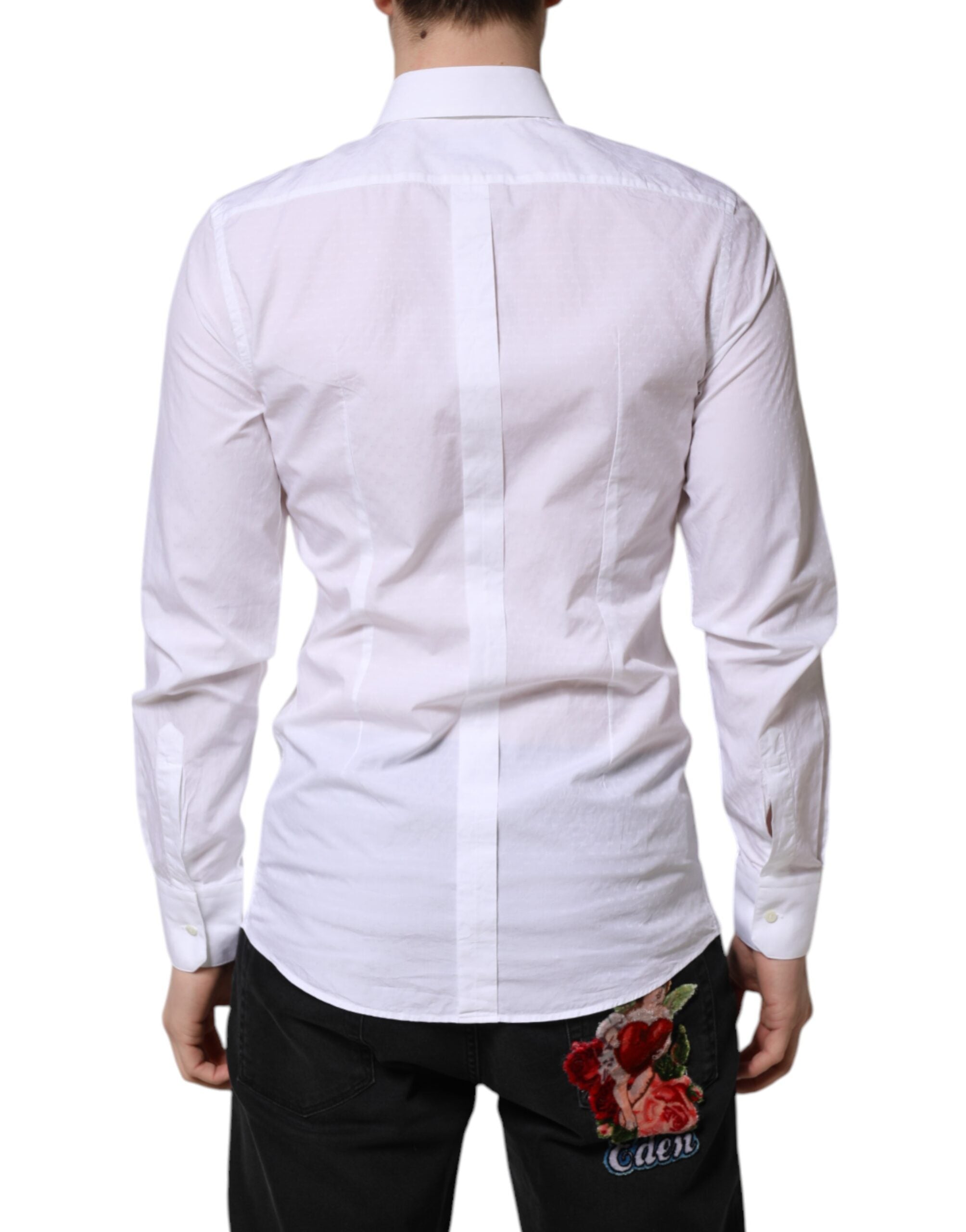 Chemise formelle blanche à manches longues Dolce & Gabbana avec détails dorés, élégante pour homme.