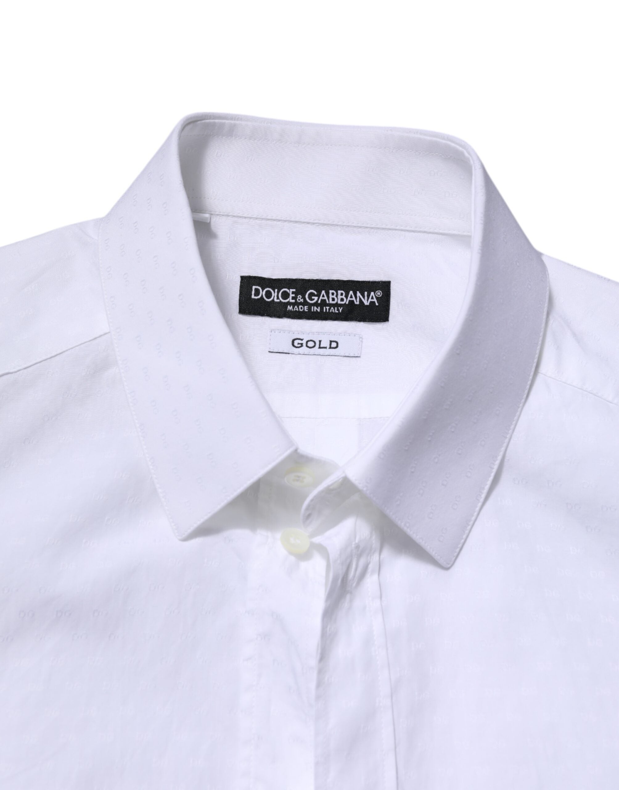 Chemise homme Dolce & Gabbana blanche à manches longues avec détails dorés, vêtement formel élégant.