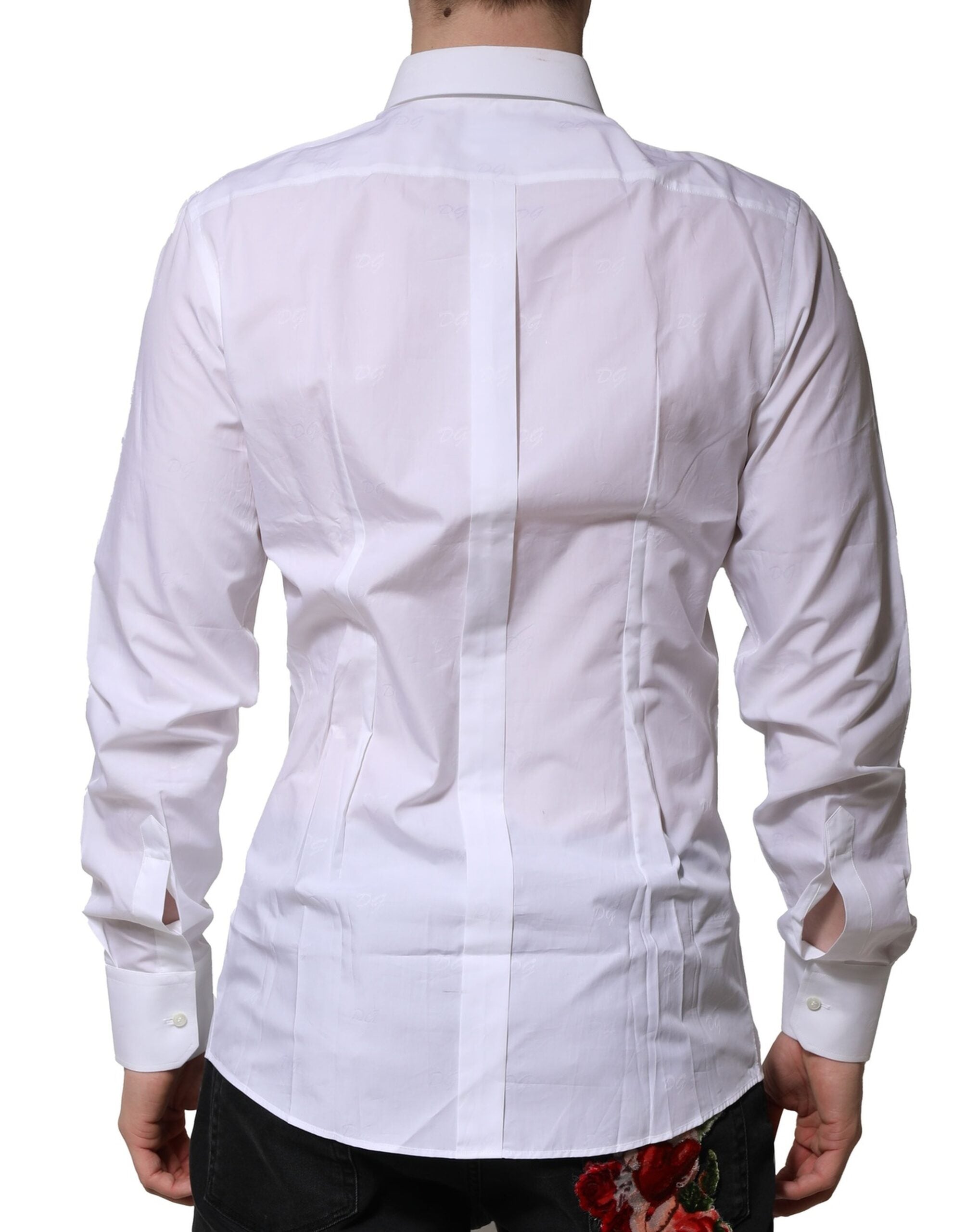 Chemise blanche Dolce & Gabbana à manches longues, élégante robe formelle en or, tissu chic et finition raffinée.