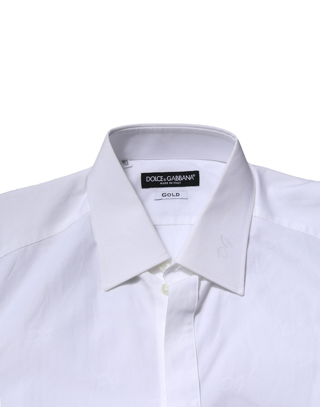 Chemise formelle blanche à manches longues Dolce & Gabbana avec détails dorés, élégante et sophistiquée.