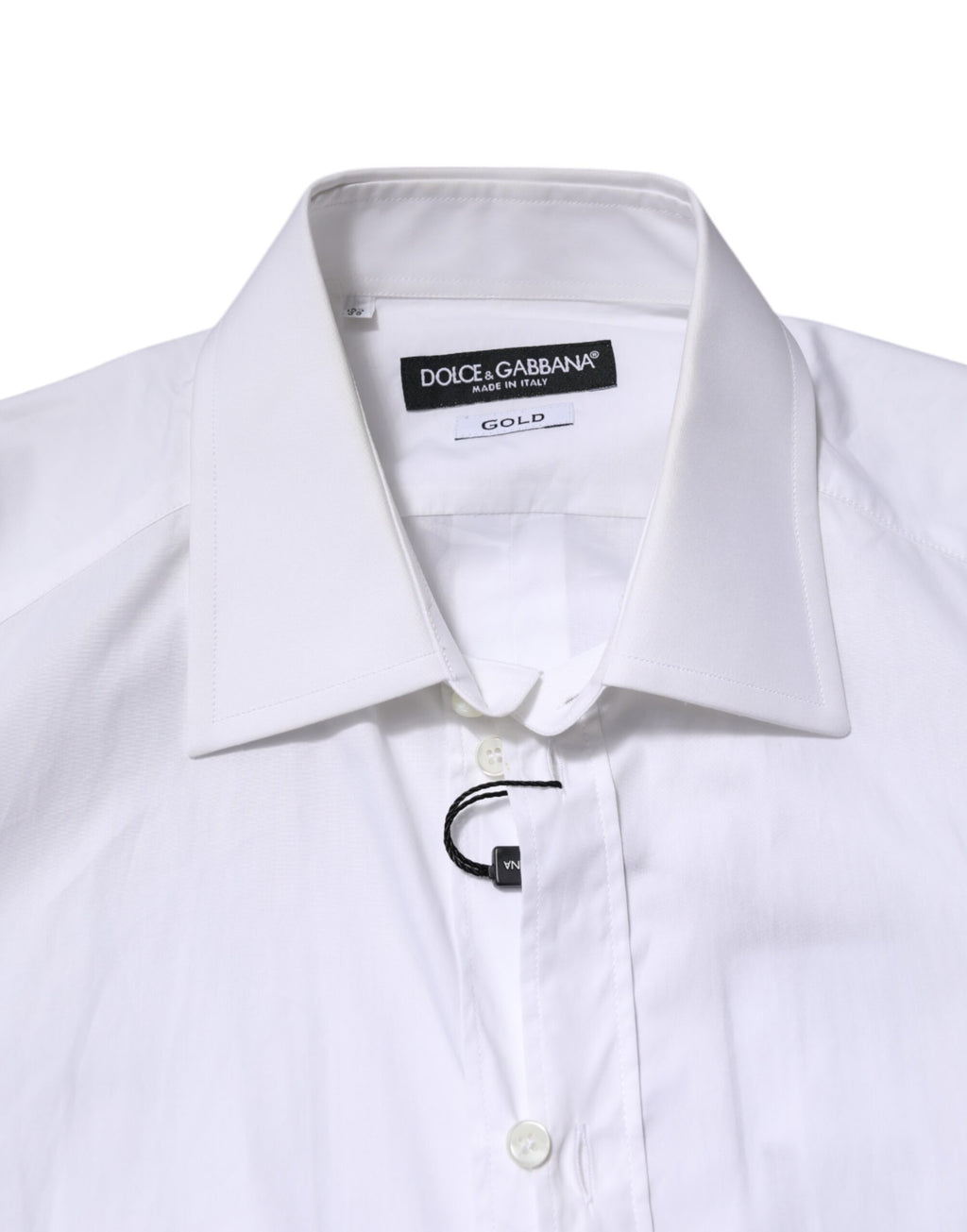 Chemise formelle Dolce & Gabbana blanche à manches longues avec détails dorés, élégante et sophistiquée.
