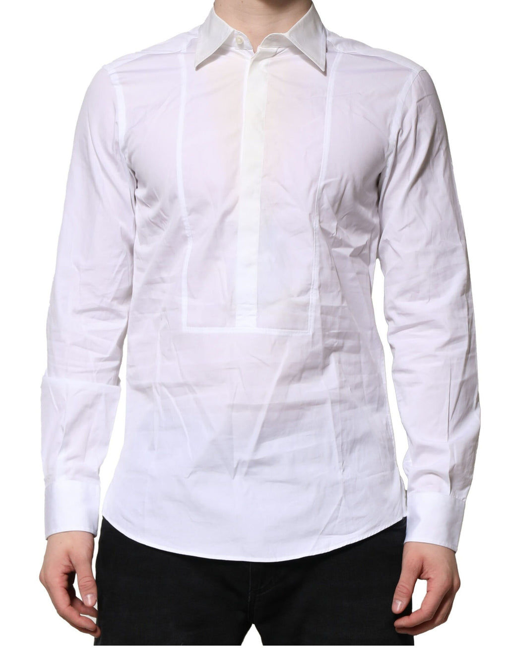 Chemise homme blanche en coton popeline Dolce & Gabbana, costume formel élégant, détail de col et boutons visibles.
