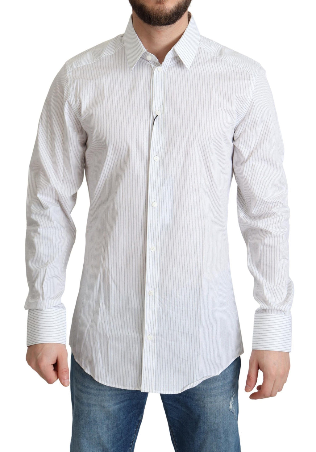 Chemise formelle en coton blanche à rayures Dolce & Gabbana, vêtement élégant avec col et boutons visibles.