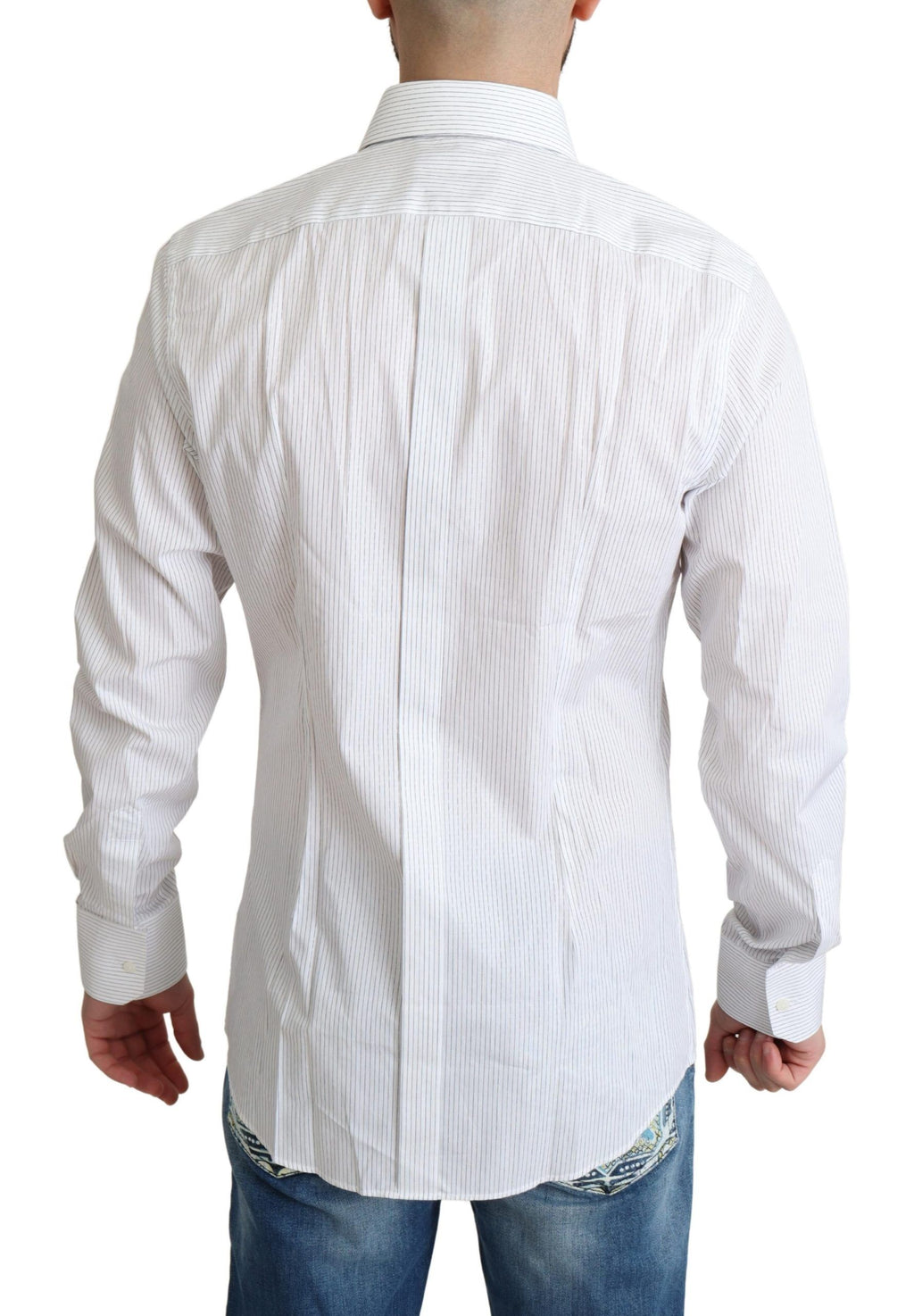 Chemise formelle en coton blanc à rayures Dolce & Gabbana, vue de face, détails du col et des boutons.