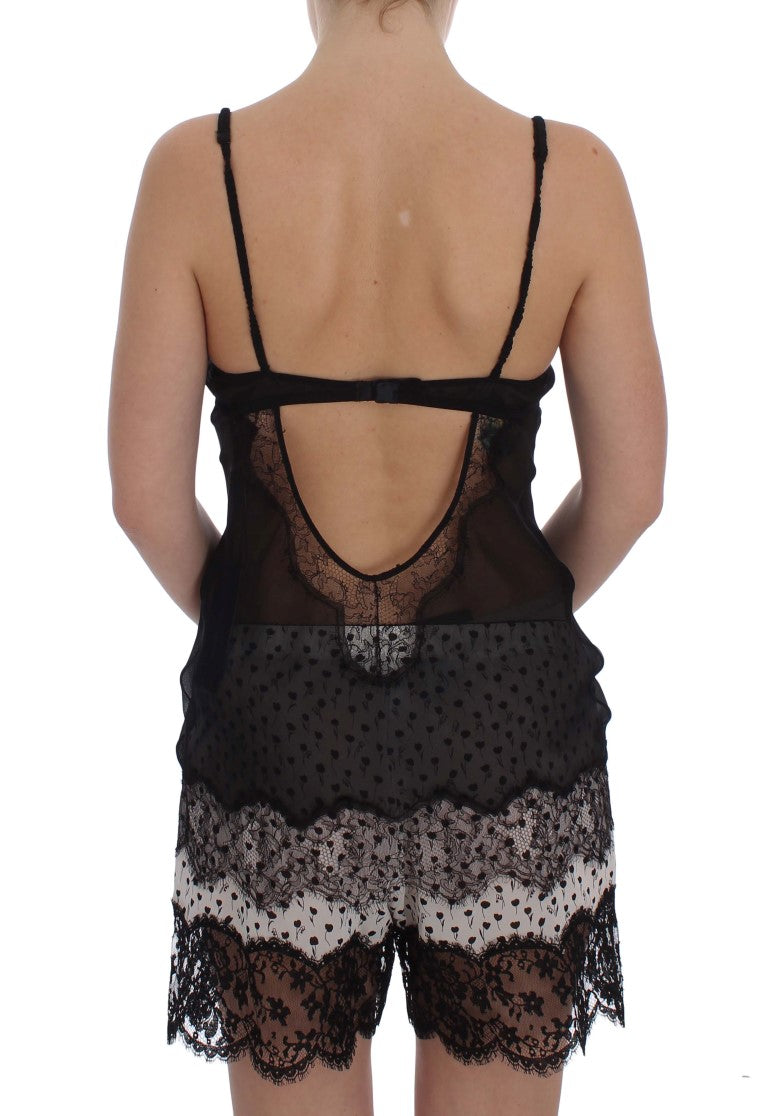 Lingerie babydoll en soie noire avec dentelle, Dolce & Gabbana, vue de face avec détails délicats et finition élégante.