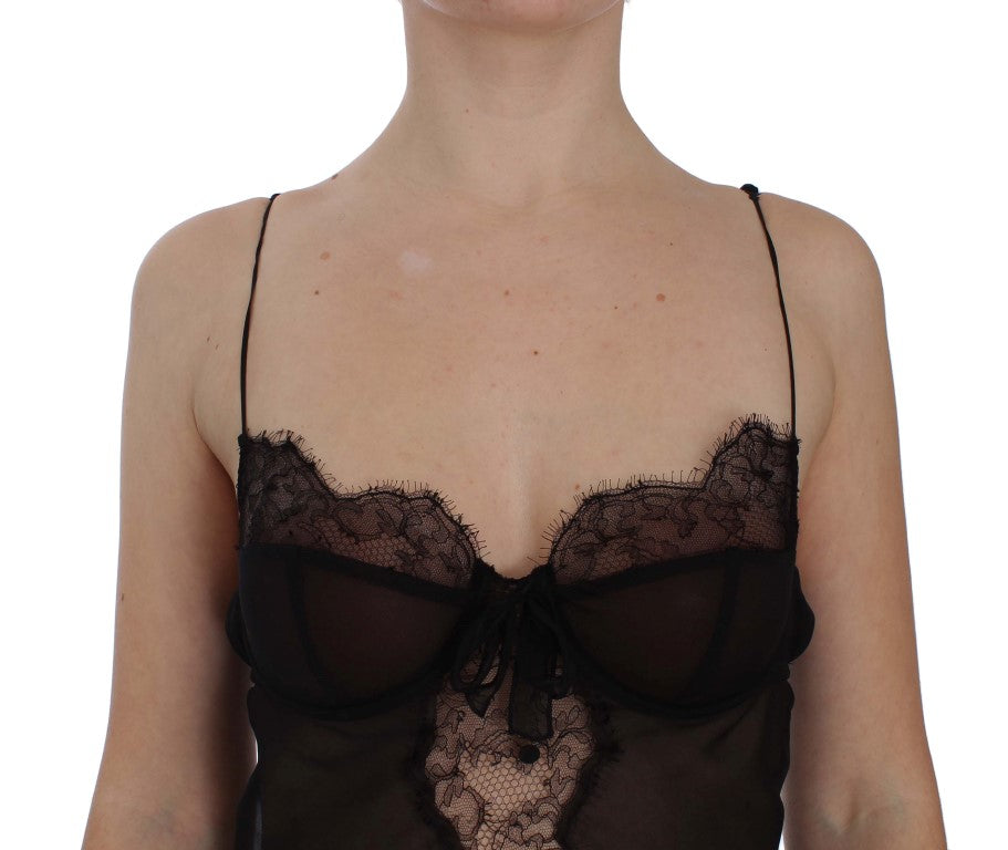 Nuisette en soie noire Dolce & Gabbana avec dentelle délicate, ajustée et élégante, vue de face.