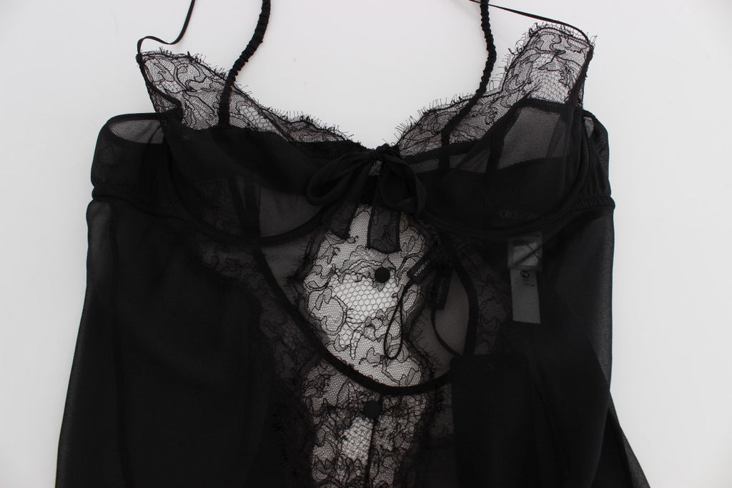 Lingerie Babydoll en soie noire avec dentelle, top sexy de la marque Dolce & Gabbana, vue de face.