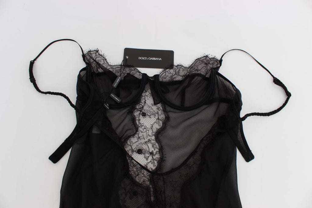 Lingerie babydoll en soie noire avec dentelle de Dolce & Gabbana, haut élégant et sophistiqué pour femme.