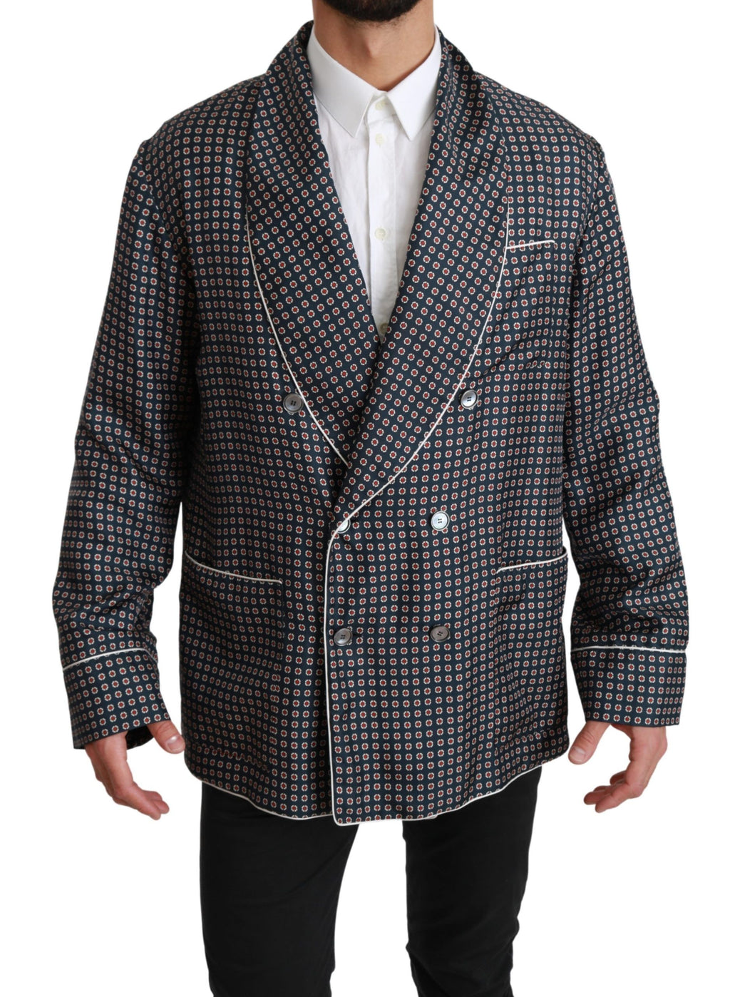 Veste double boutonnage Dolce & Gabbana en laine bleue marine à motif, coupe élégante et sophistiquée, vue de face.