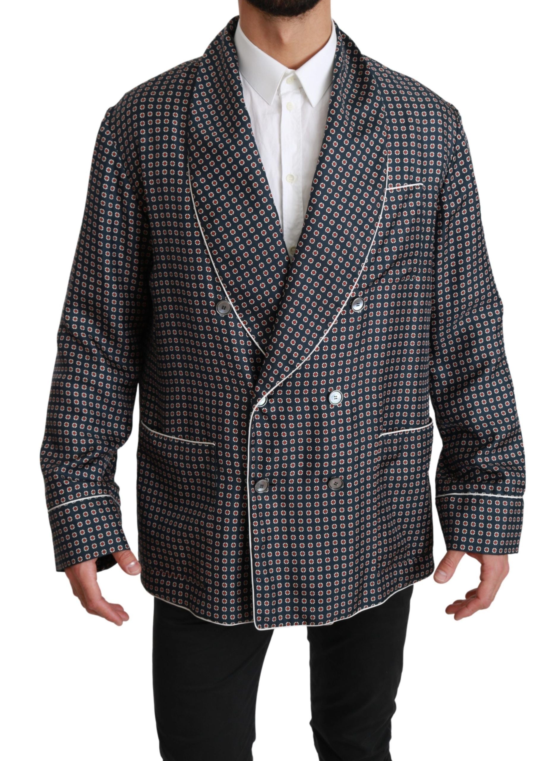 Veste double boutonnage Dolce & Gabbana en laine bleue marine à motif, coupe élégante et sophistiquée, vue de face.