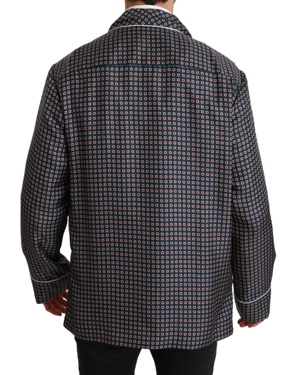 Manteau double boutonnage à motif bleu marine de Dolce & Gabbana, veste élégante en tissu sophistiqué.