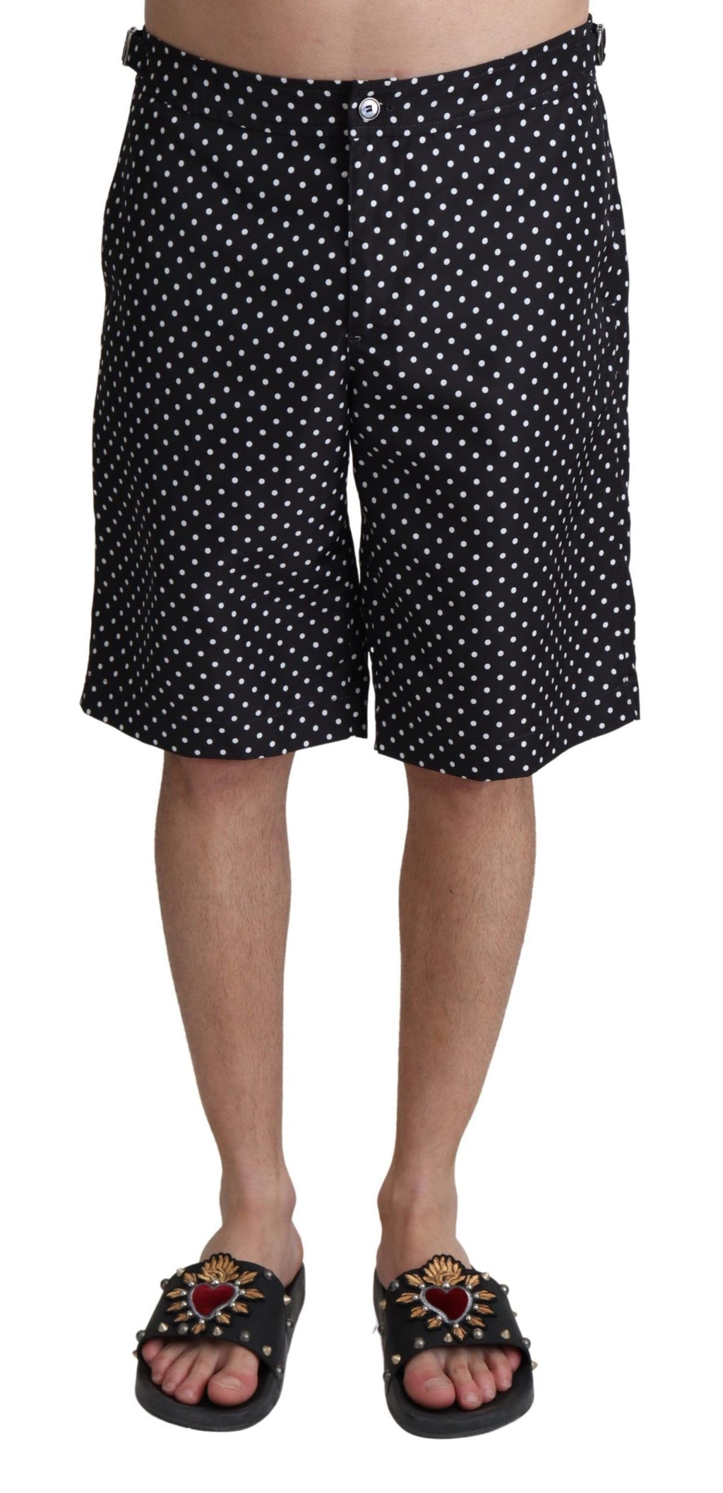 Shorts de bain Dolce & Gabbana à pois noirs, maillot de plage pour femmes, détails en tissu léger et motif à pois.