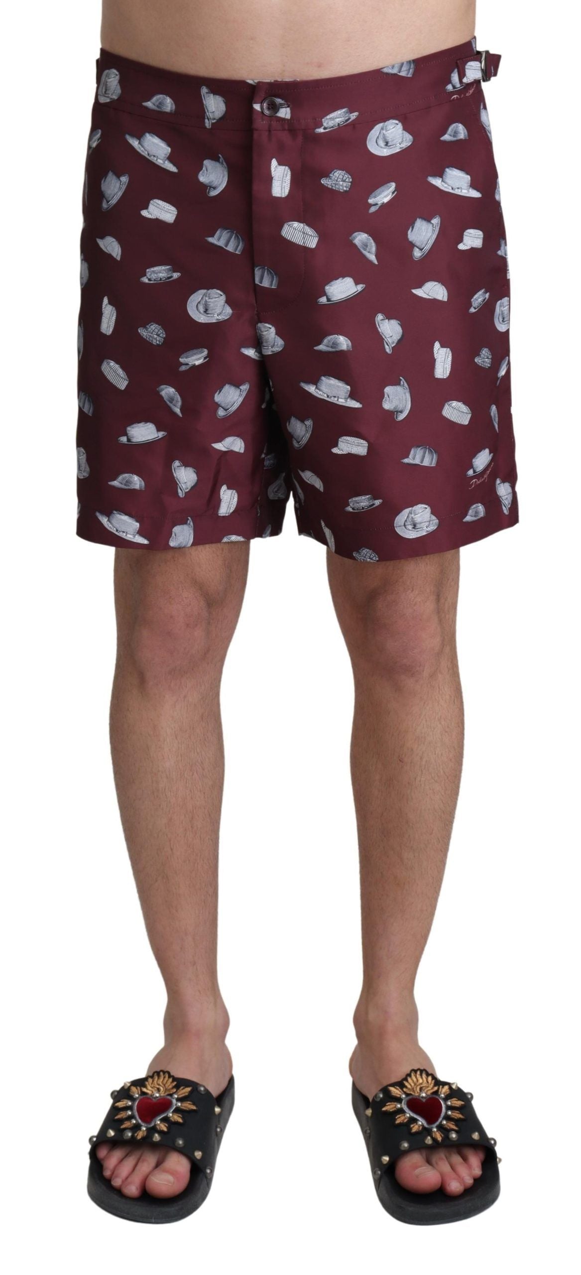 Shorts de bain Dolce & Gabbana à motif de chapeaux marron, maillot de plage élégant pour homme.