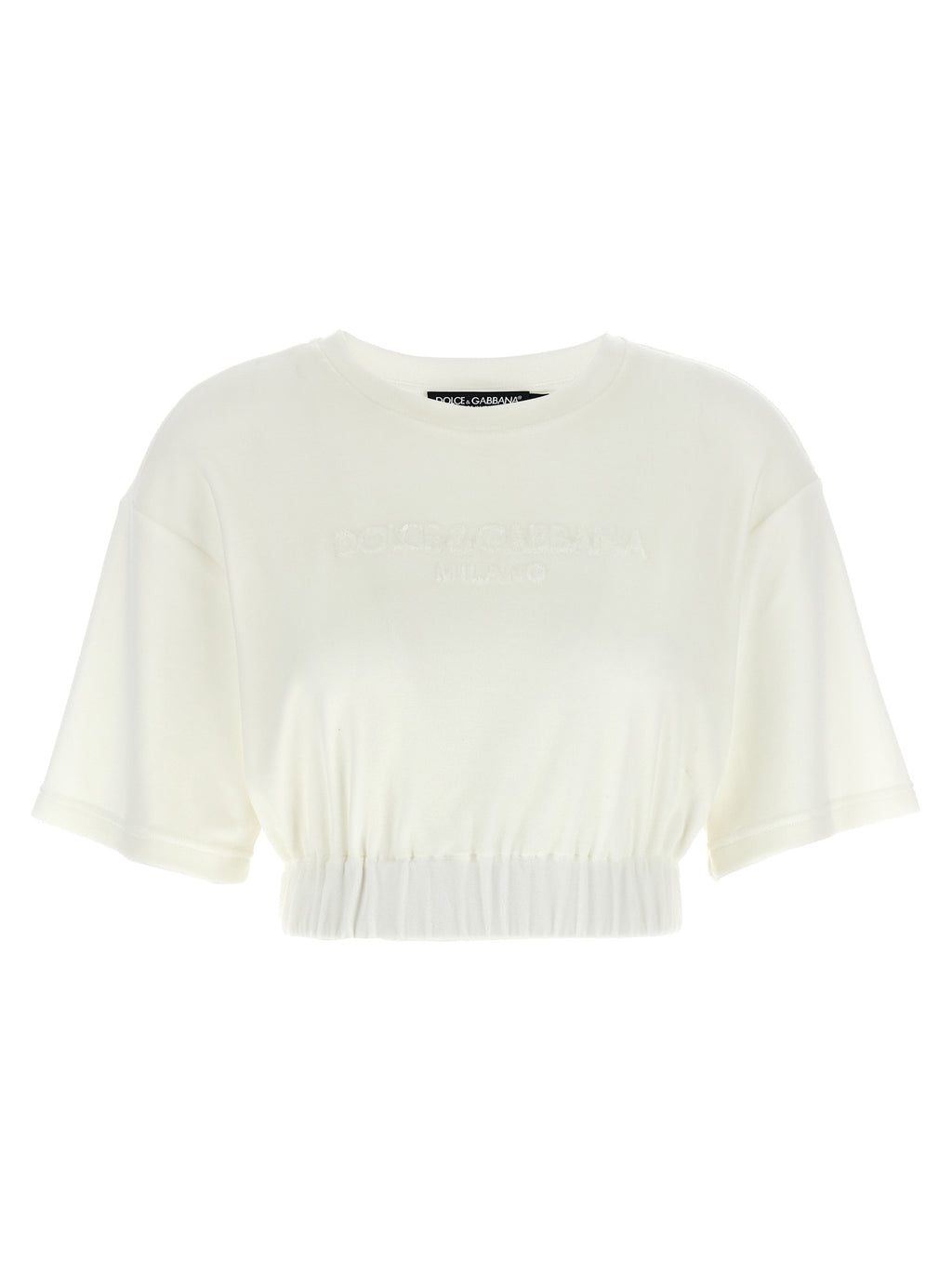 T-shirt blanc en coton Dolce & Gabbana, vue de face, avec logo discret, porté sur mannequin.
