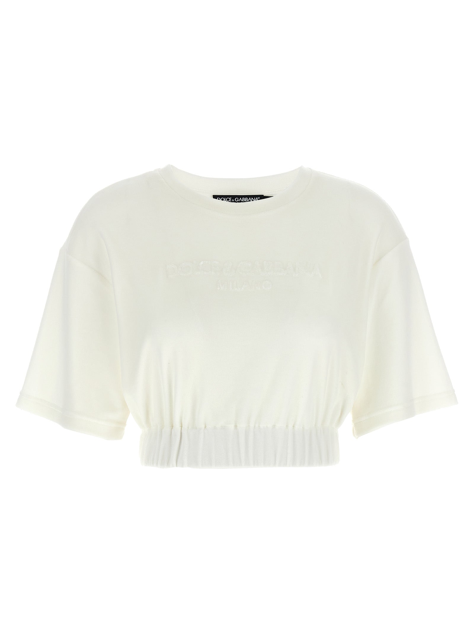 T-shirt blanc en coton Dolce & Gabbana, vue de face, avec logo discret, porté sur mannequin.
