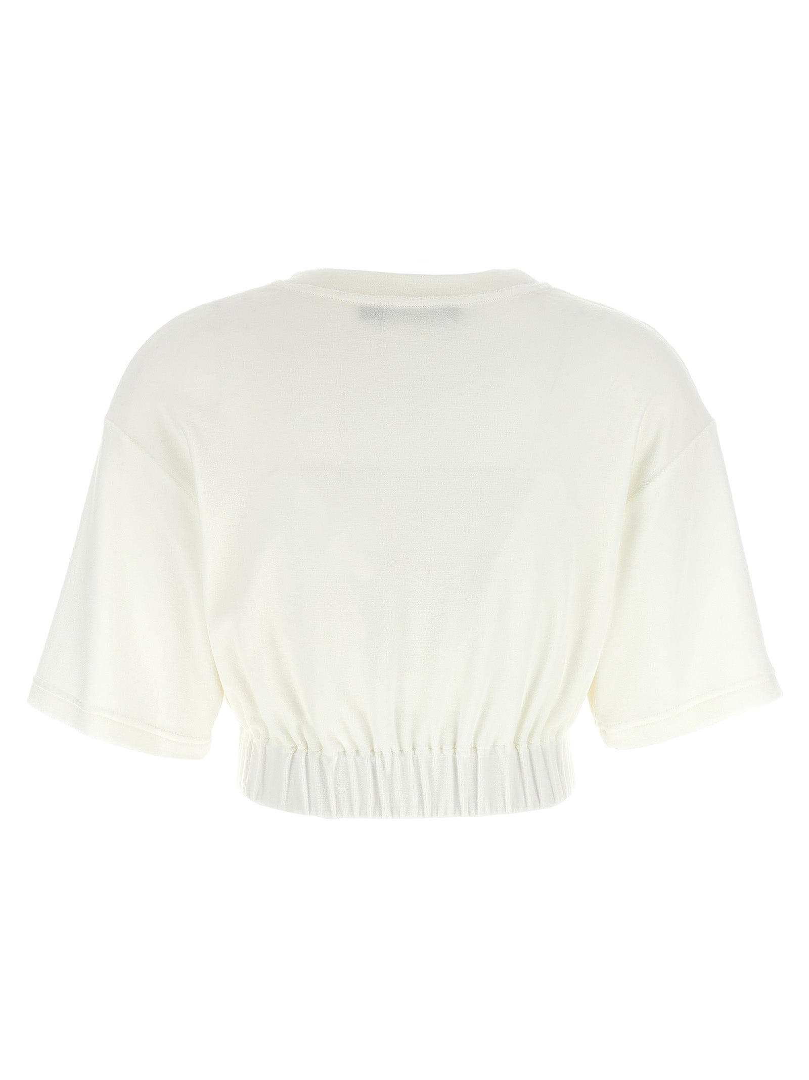 T-shirt blanc en coton Dolce & Gabbana avec logo, porté sur mannequin, vue de face, détails du tissu visible.