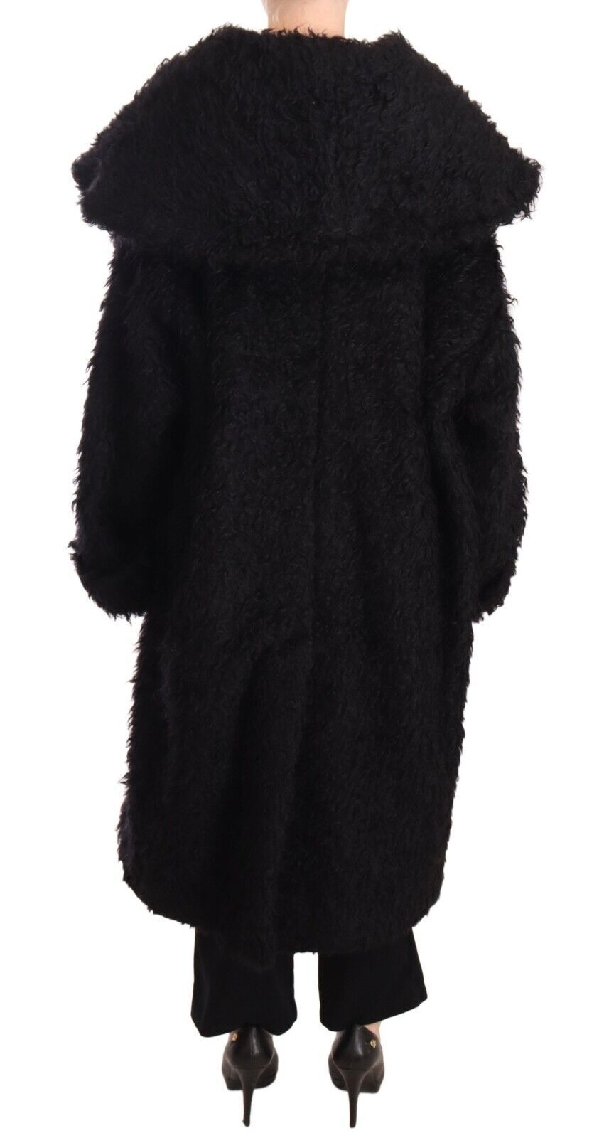 Cape trench en mohair noir Dolce & Gabbana, manteau élégant avec fourrure, détails sophistiqués et style chic.
