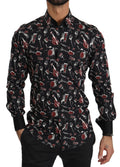 Chemise noire Dolce & Gabbana à coupe slim avec motif d'instrument de musique, tissu élégant, pour homme.