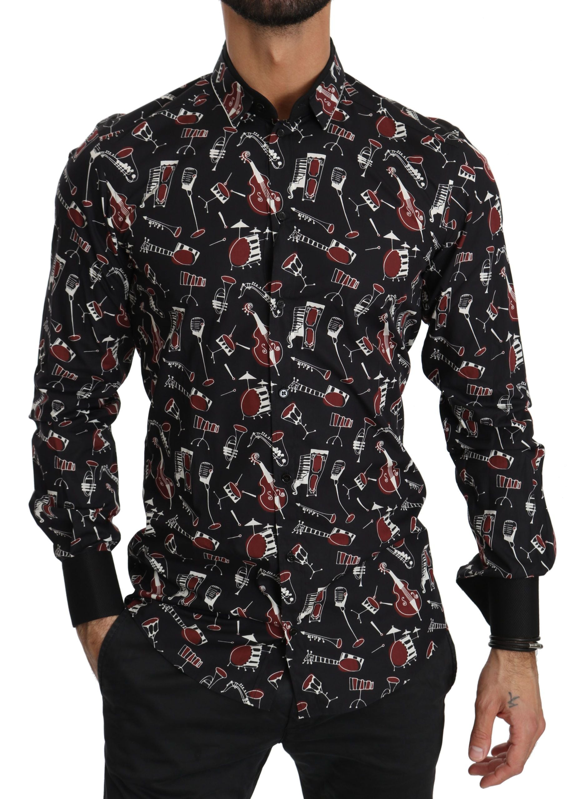 Chemise noire Dolce & Gabbana à coupe slim avec motif d'instrument de musique, tissu élégant, pour homme.