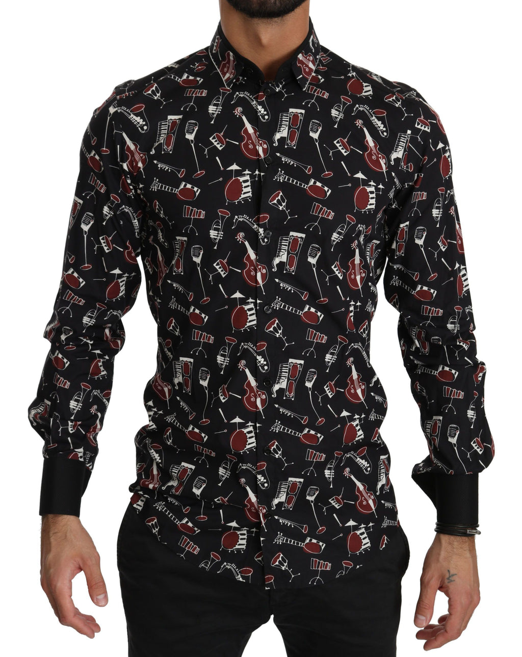 Chemise slim Dolce & Gabbana noire avec motif d'instrument de musique, design élégant et ajusté, pour homme.