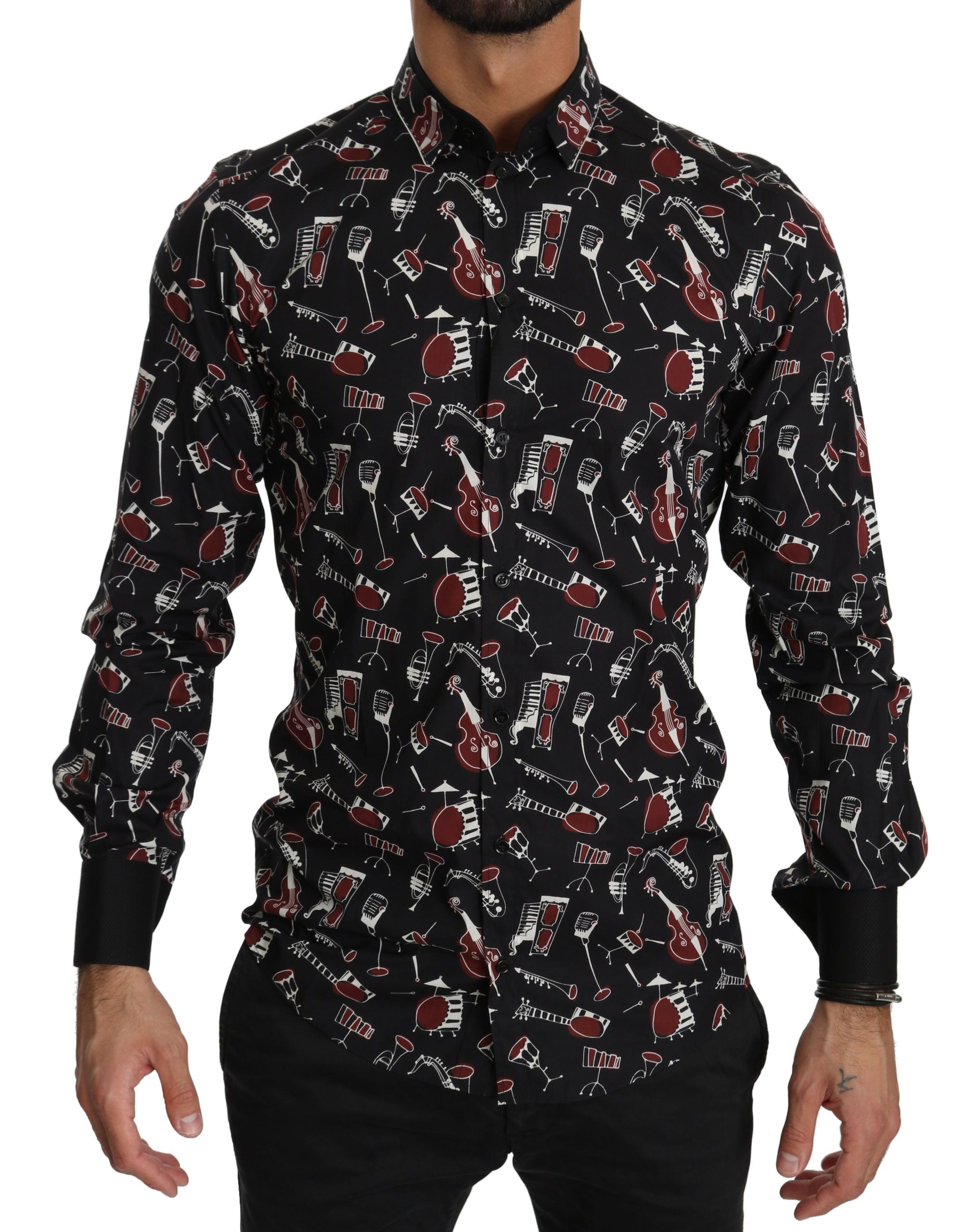 Chemise slim Dolce & Gabbana noire avec motif d'instrument de musique, design élégant et ajusté, pour homme.