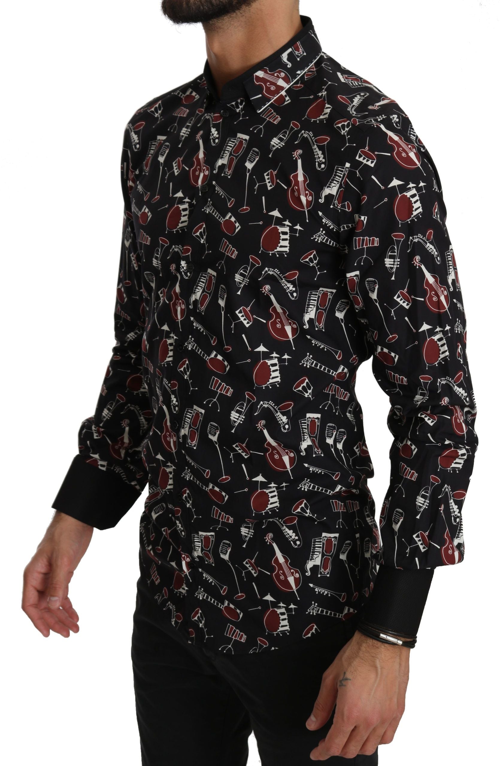 Chemise noire Dolce & Gabbana à coupe slim avec motif d'instrument de musique, en coton élégant.