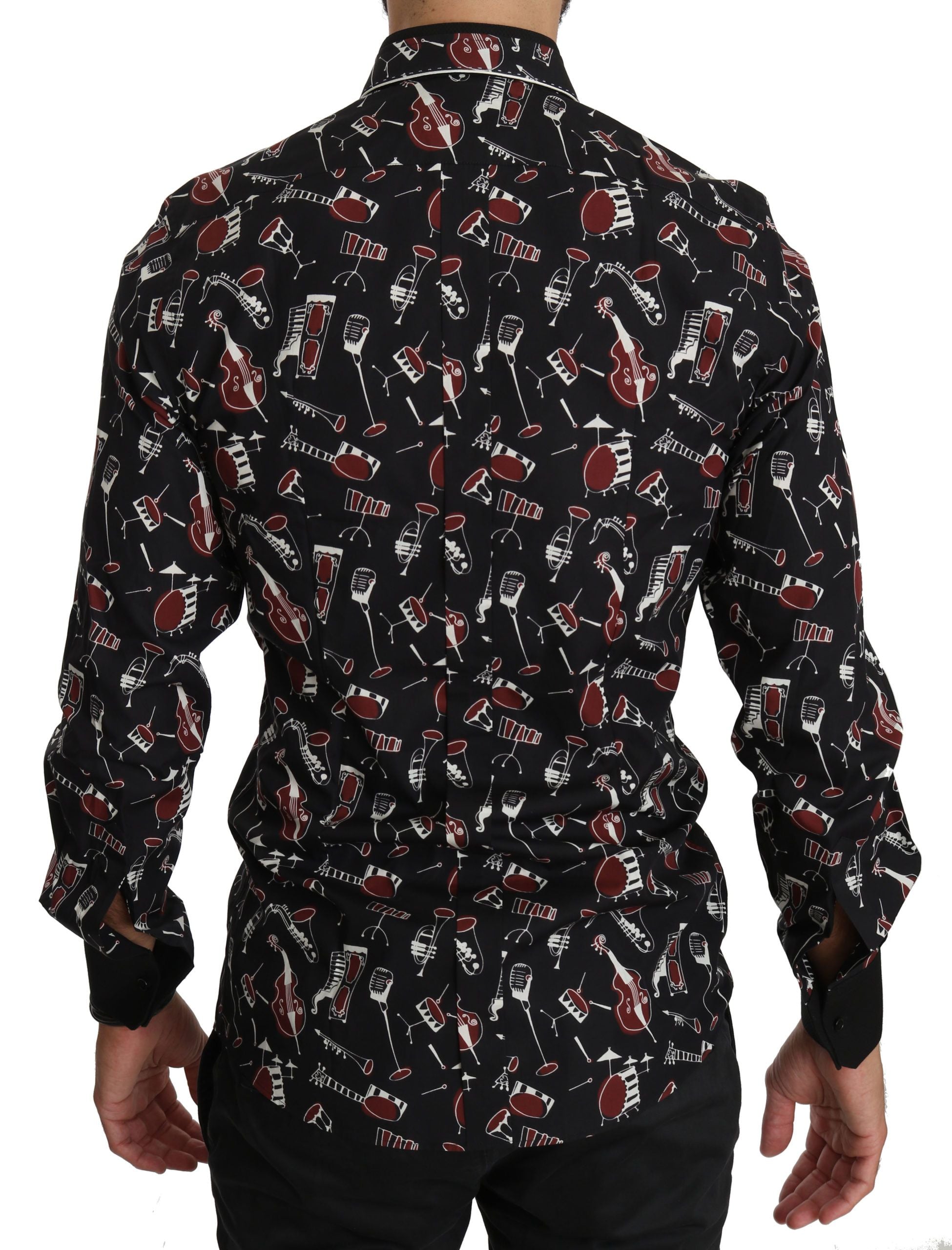 Chemise noire Dolce & Gabbana à motif d'instrument de musique, coupe slim fit, en tissu élégant.