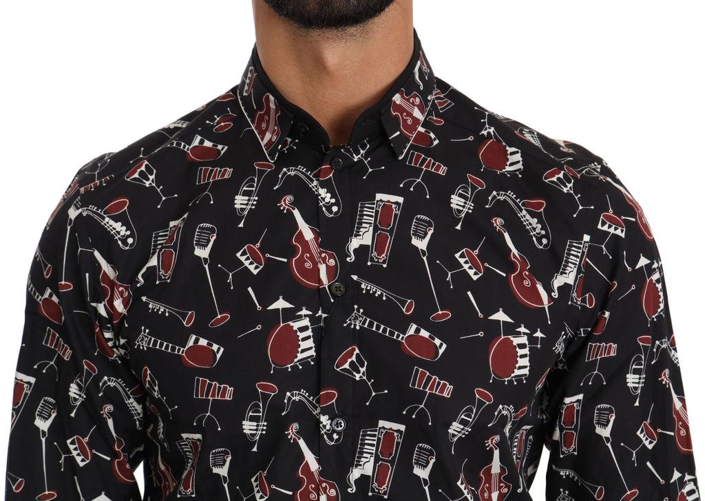 Chemise slim noir Dolce & Gabbana avec motif d'instrument de musique, col classique et coupe ajustée.