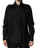 Chemise homme Dolce & Gabbana en lin et soie noire à pois décontractée, manches longues et col classique.