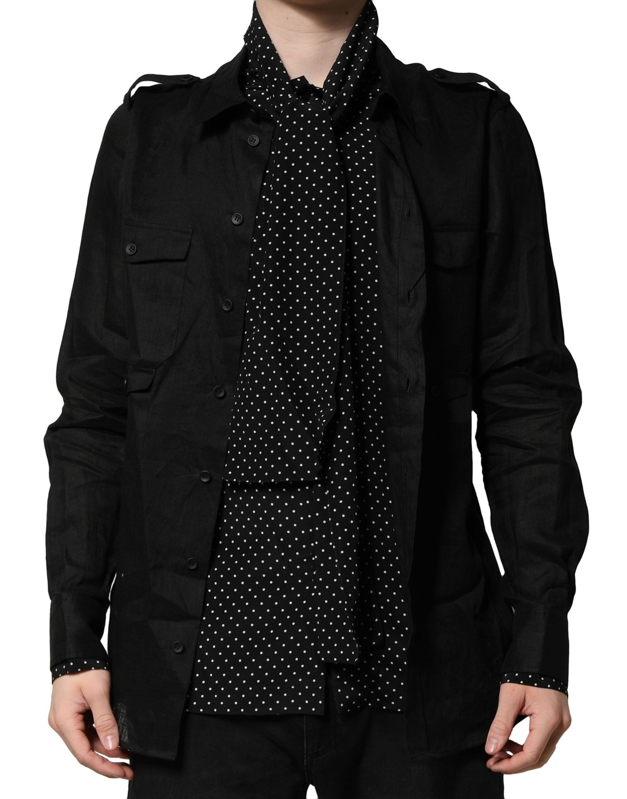 Chemise homme Dolce & Gabbana en lin et soie noire à pois décontractée, manches longues et col classique.