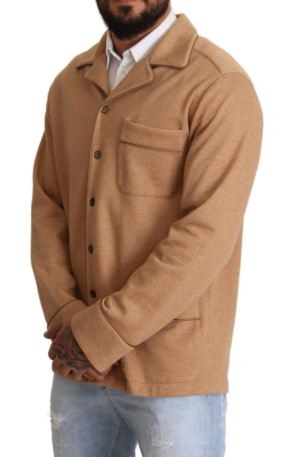 Manteau en coton marron Dolce & Gabbana avec col à boutons, veste élégante pour homme ou femme.