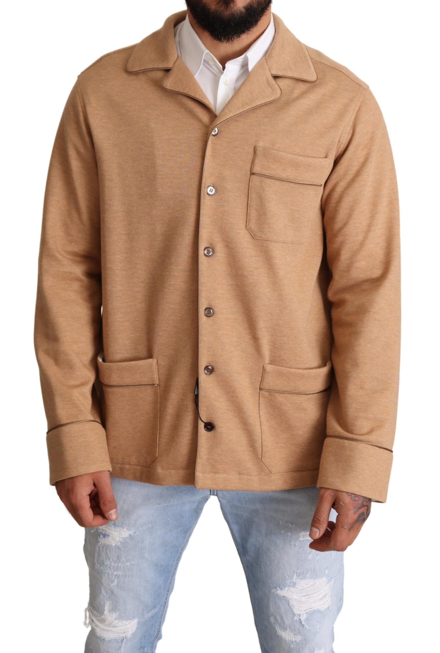 Manteau en coton marron avec boutons et col classique de la marque Dolce & Gabbana, vue de l'avant.