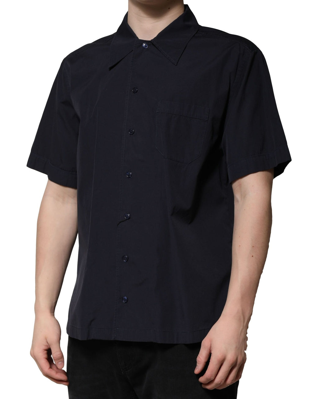 Chemise courte à manches longues en coton bleu foncé de Dolce & Gabbana, style décontracté et élégant.