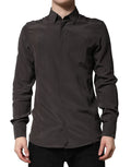 Chemise formelle en soie marron foncé avec détails dorés de Dolce & Gabbana, pour homme, vue en gros plan.