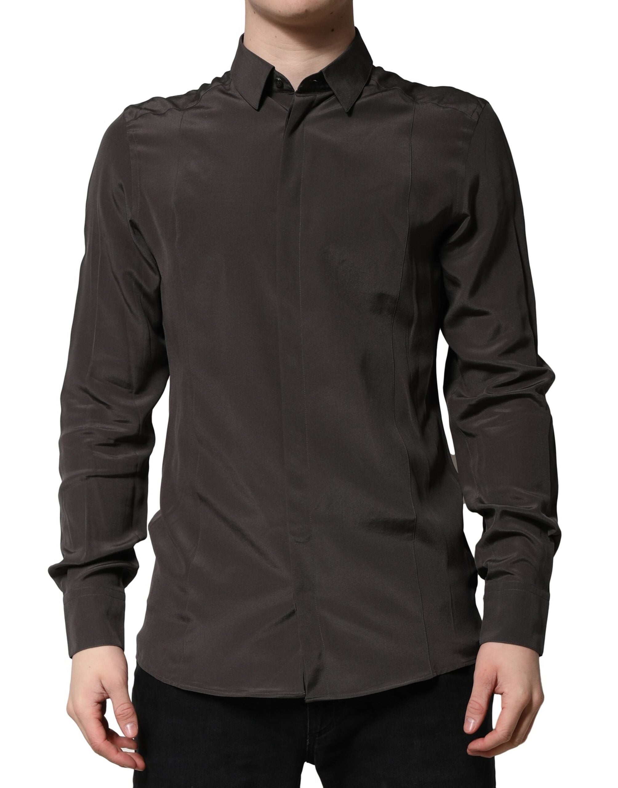 Chemise formelle en soie marron foncé avec détails dorés de Dolce & Gabbana, pour homme, vue en gros plan.