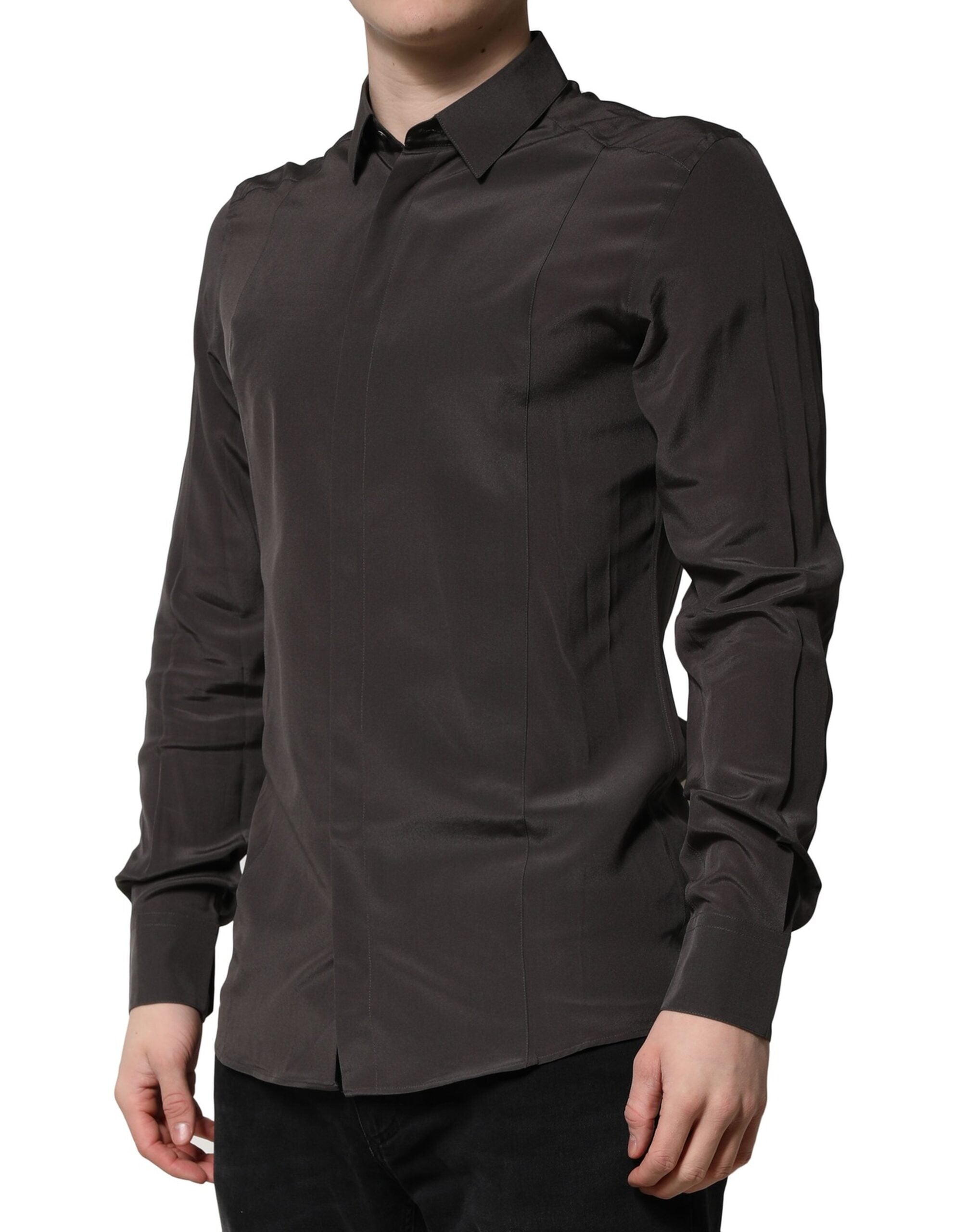 Chemise formelle homme Dolce & Gabbana en soie marron foncé avec détails dorés, élégante et sophistiquée.