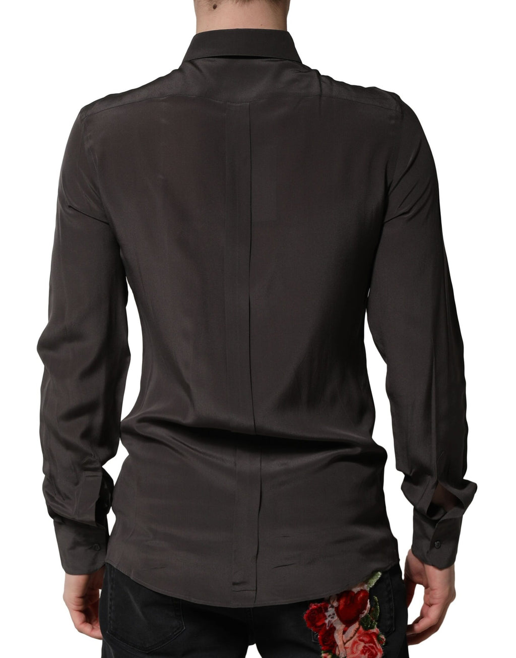 Chemise formelle homme Dolce & Gabbana en soie marron foncé avec détails dorés, élégante et sophistiquée.