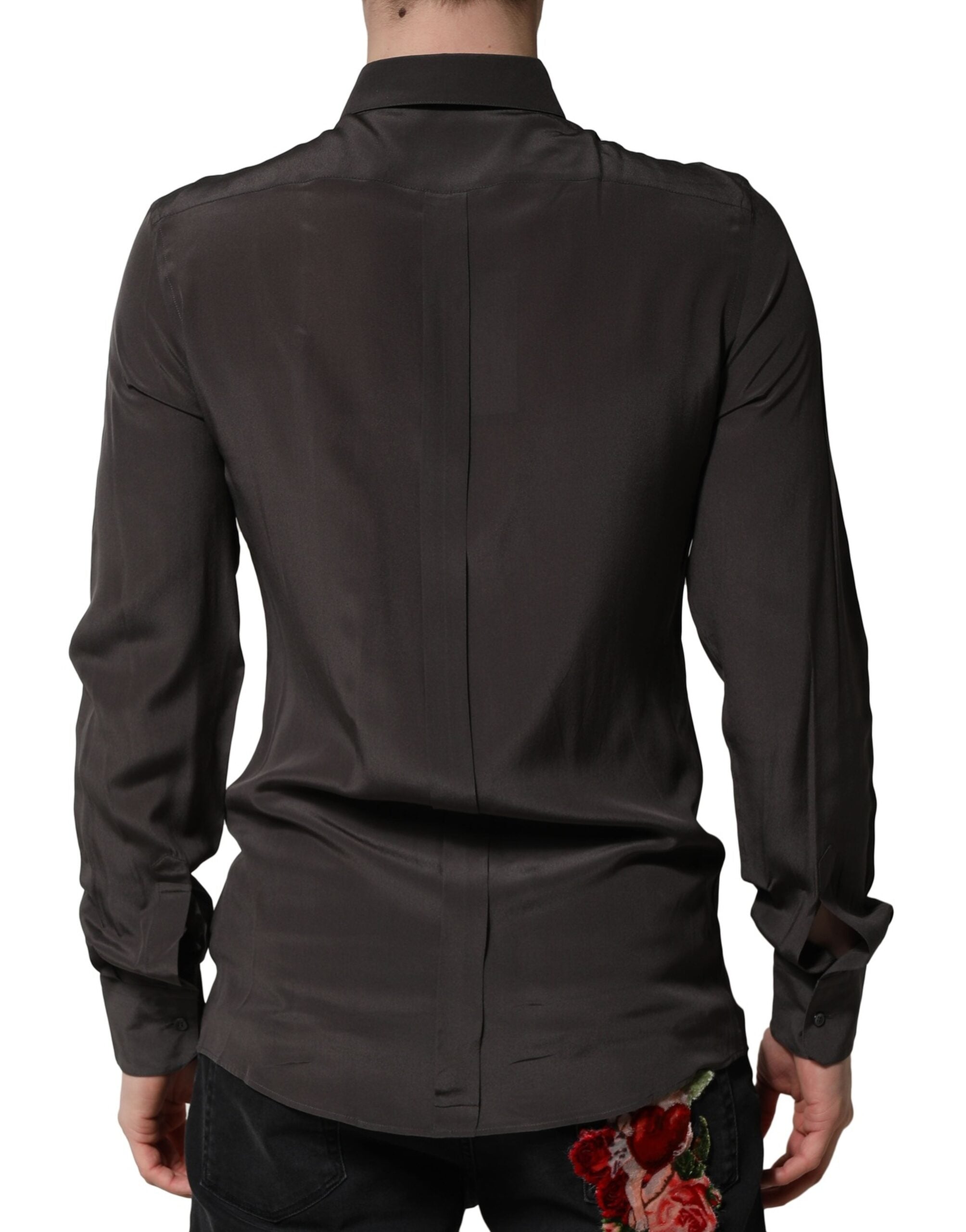 Chemise formelle homme Dolce & Gabbana en soie marron foncé avec détails dorés, élégante et sophistiquée.