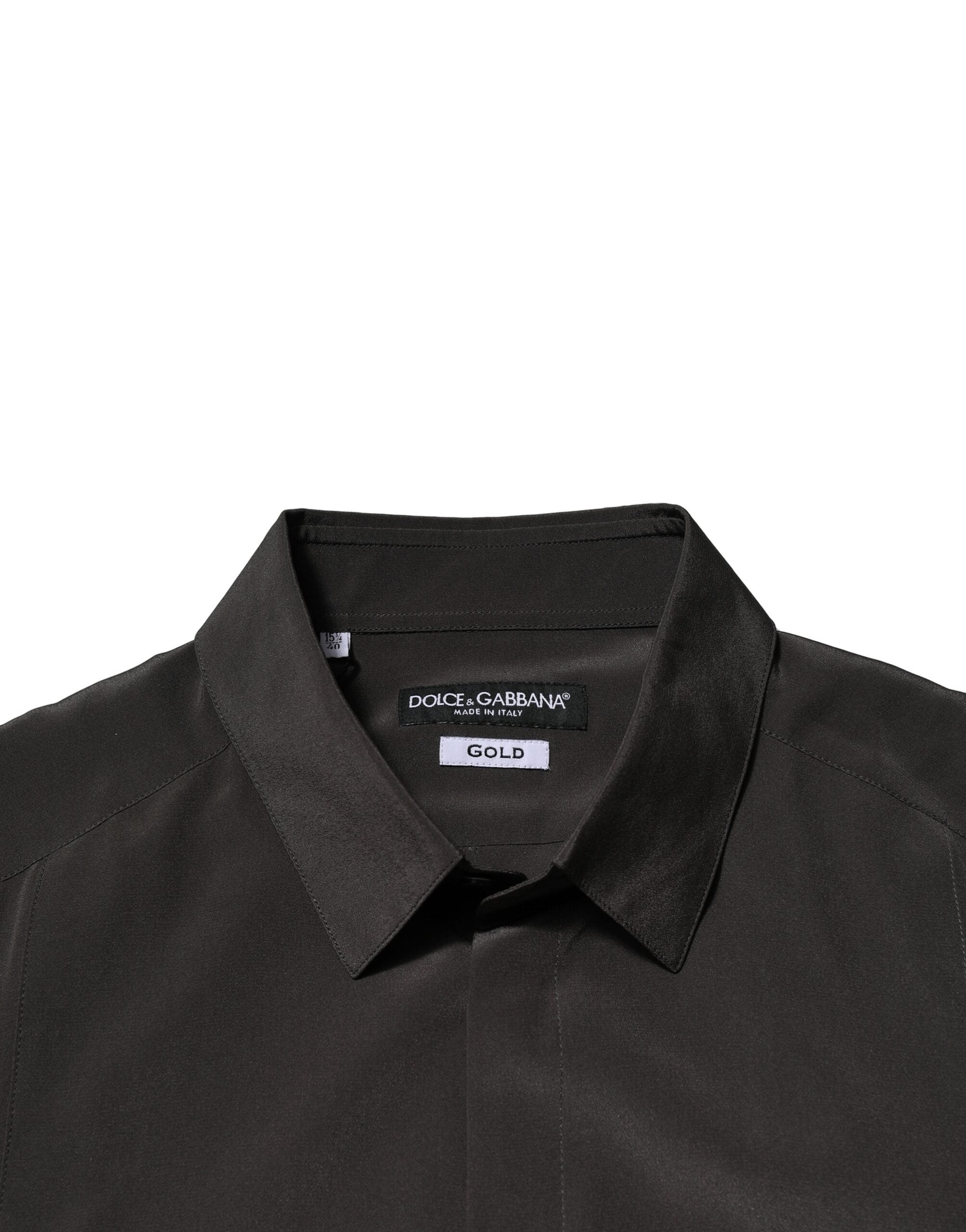 Chemise formelle en soie marron foncé avec détails dorés de Dolce & Gabbana, homme, vêtement élégant et sophistiqué.