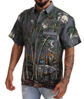 Chemise en lin gris à motif tropical Dolce & Gabbana avec col, tissu léger et confortable.