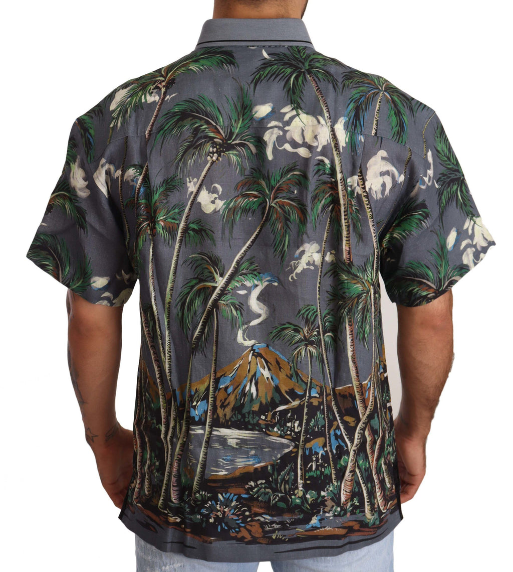 Chemise col à revers en lin gris avec impression tropicale Dolce & Gabbana, vue de face.