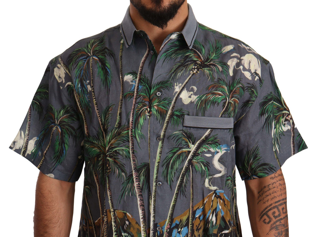 Chemise en lin gris à imprimé tropical de Dolce & Gabbana avec col, pour homme, visible en gros plan.